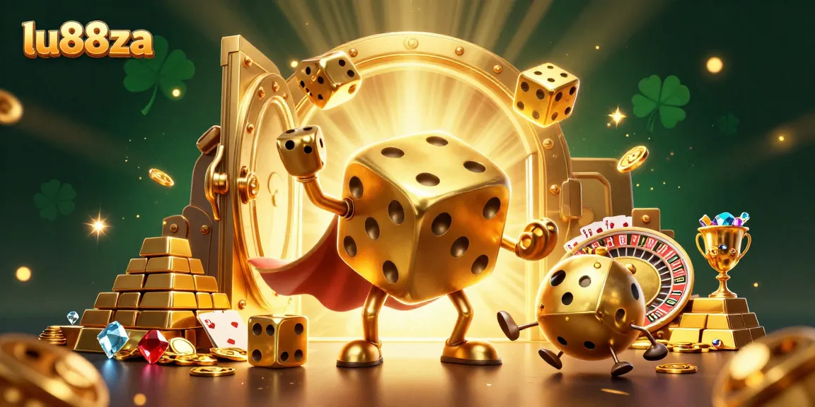Engage with the vibrant world of lu88za, showcasing a dynamic casino scene featuring golden dice and treasure elements.