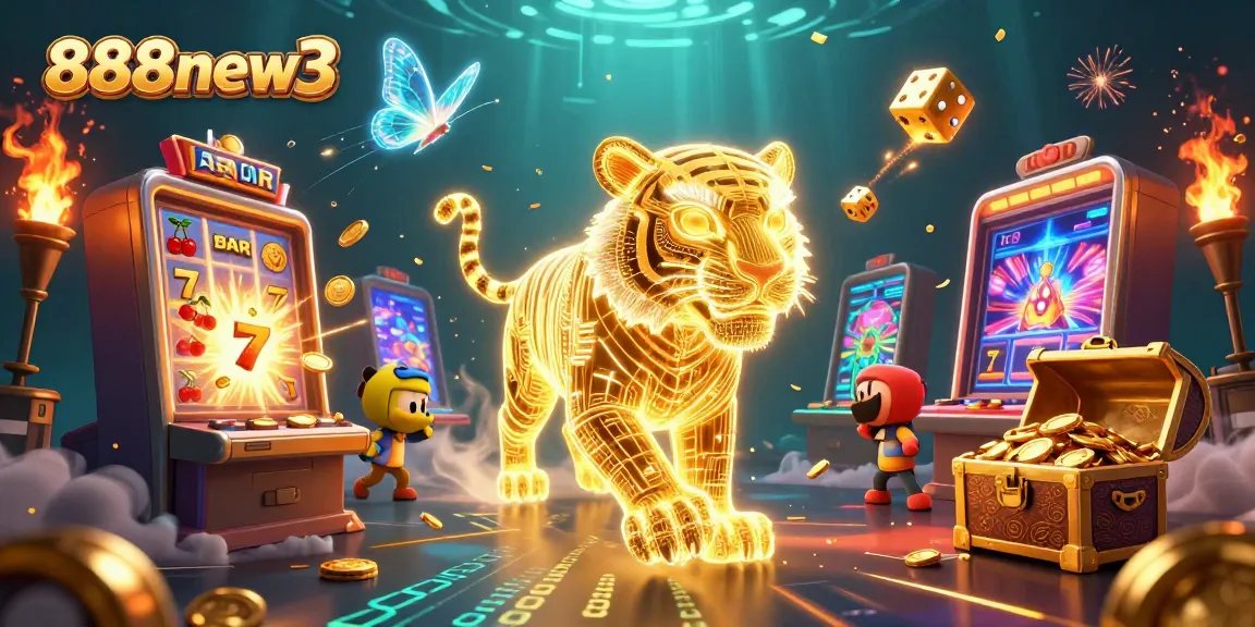 Experience winning moments with 888new3 featuring a vibrant casino scene of a golden tiger and slot machine.