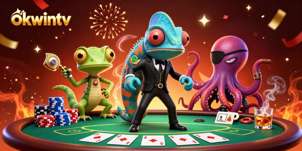 Experience thrilling poker action with okwintv featuring vibrant chameleon, gecko, and octopus characters.