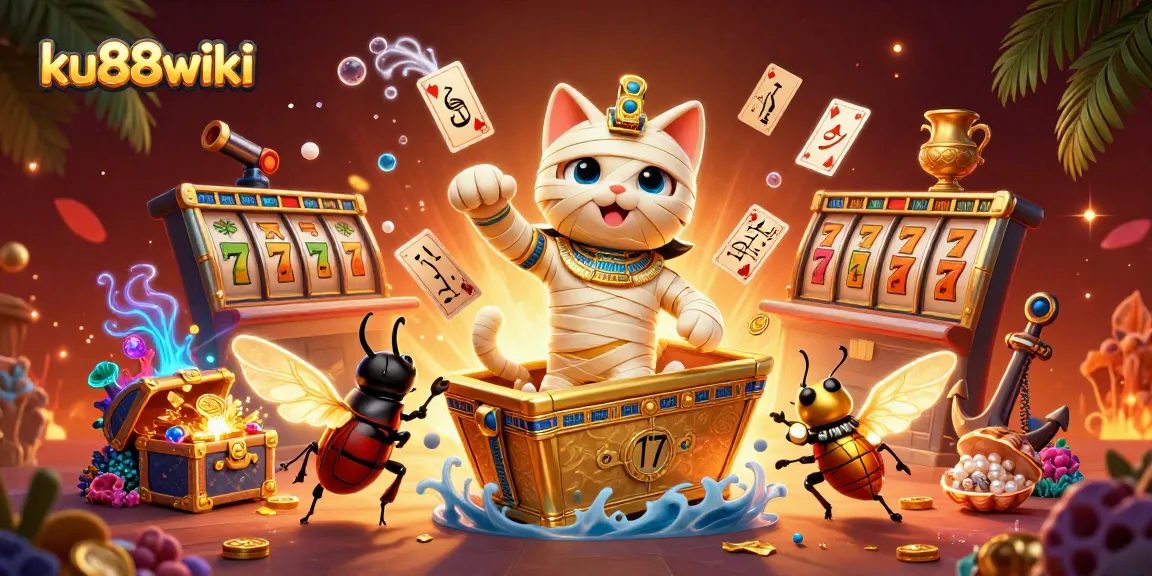 Win big with thrilling slots at ku88wiki, featuring a lively mummy cat and golden treasures!