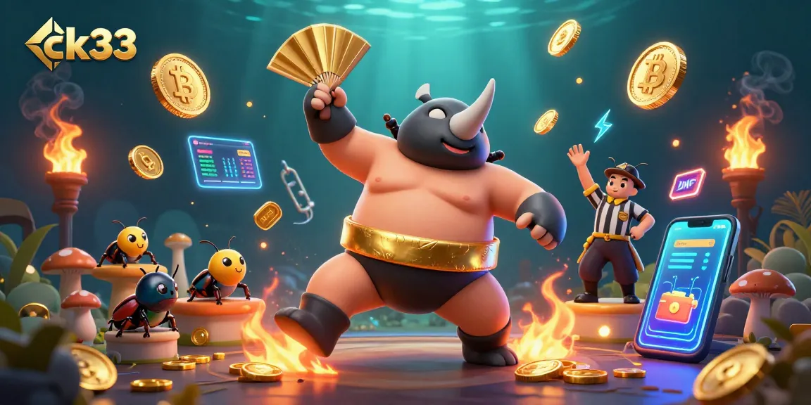 Experience exciting gaming with ck33 as a rhinoceros beetle stomp sends golden coins flying in a vibrant casino setting.