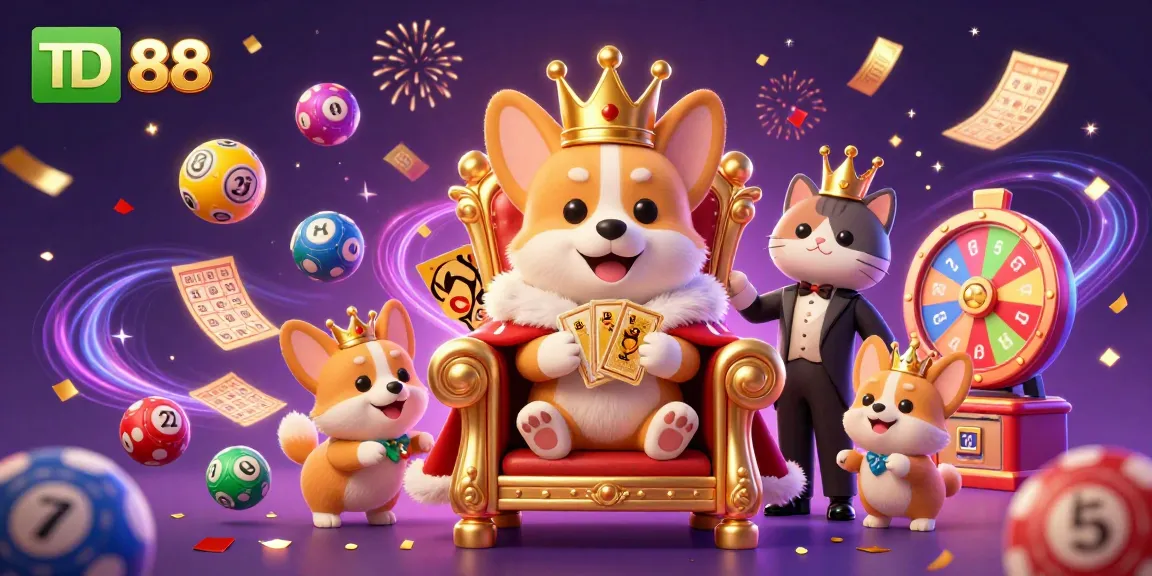 Join TD88's royal gaming adventure with vibrant lottery elements and a charming corgi king.