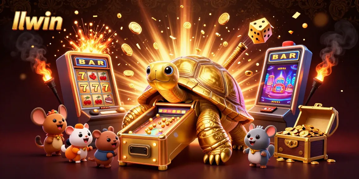 Experience the excitement of llwin with vibrant golden gaming elements and cartoon characters.