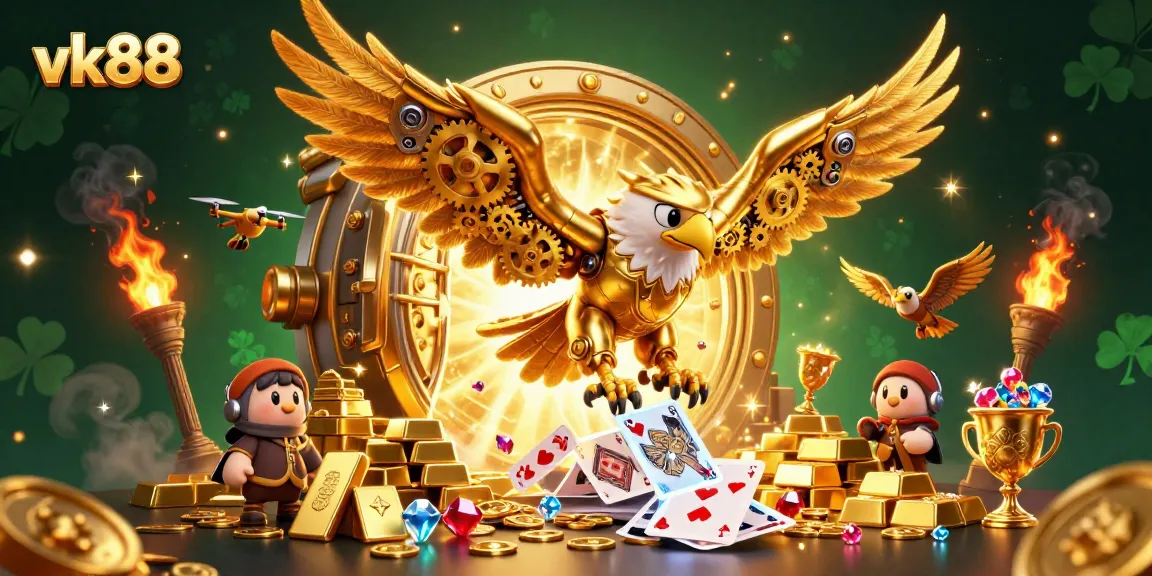 Experience thrilling wins at vk88 with an electrifying 3D casino scene featuring golden elements and vibrant energy.
