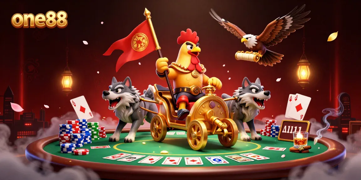 Experience thrilling poker action with one88 featuring a dynamic scene of a rooster warlord and poker elements.