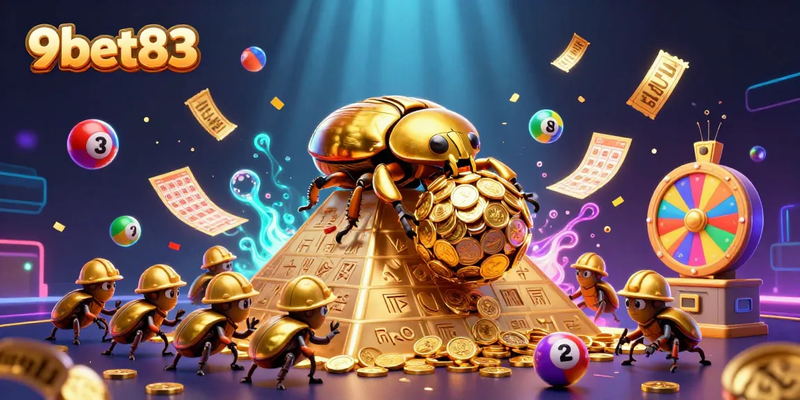 Engage with the vibrant world of 9bet83 featuring colorful lottery elements, golden coins, and dynamic casino symbols.