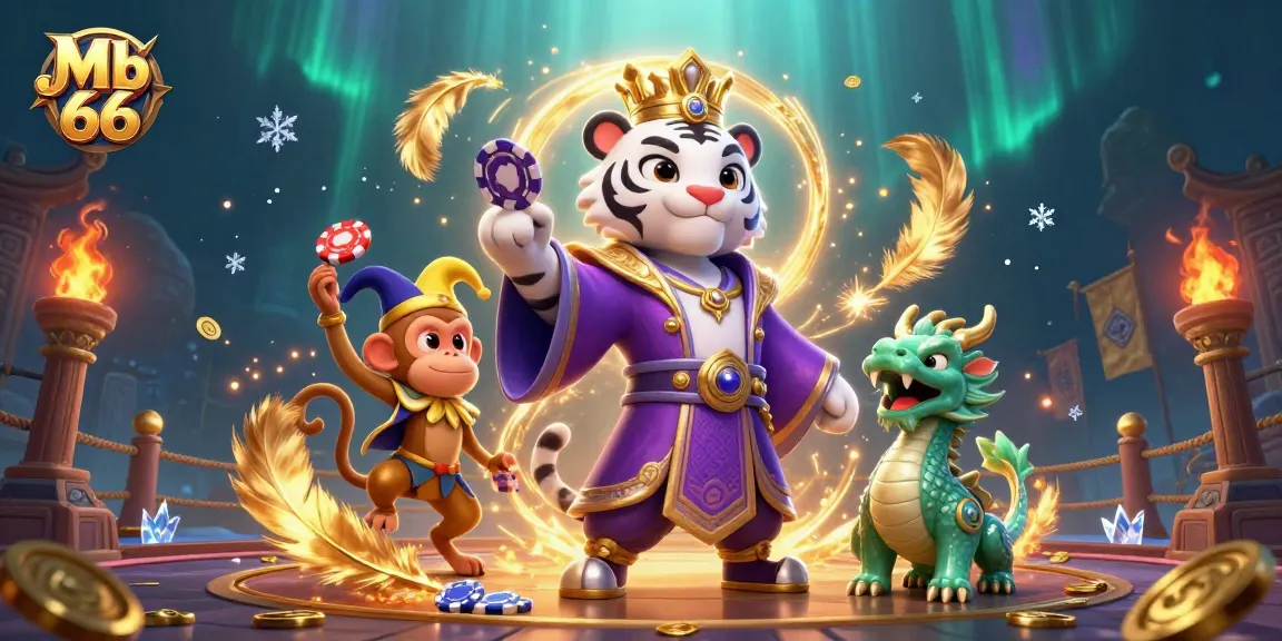 Experience the thrill of Mb 66 with vibrant characters and dynamic gaming elements in this casino-themed illustration.