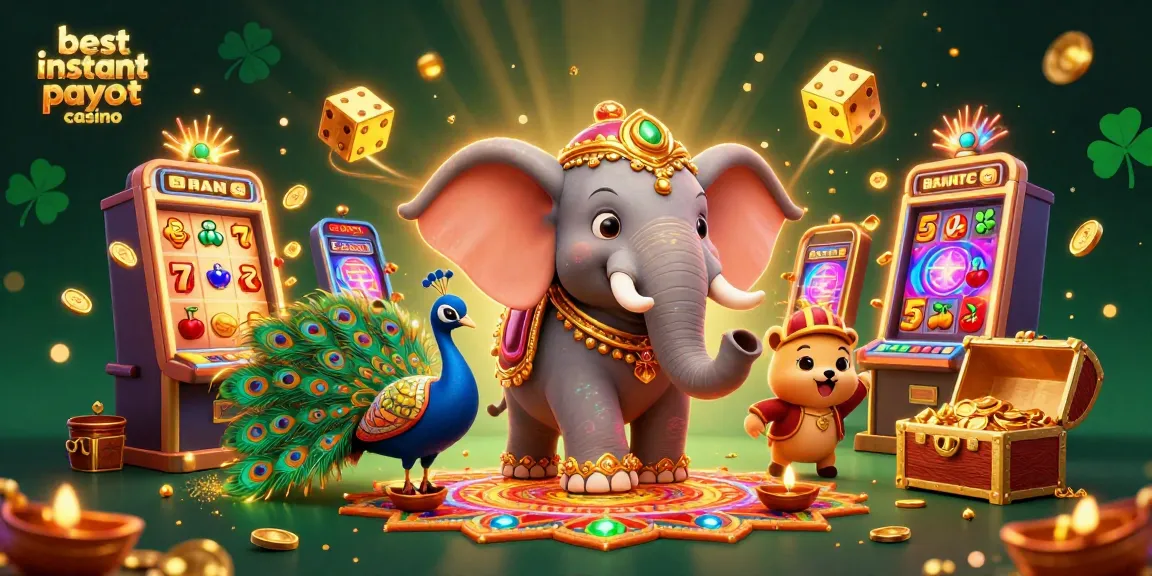 Engage at the best instant payout casino with an exciting 3D illustration of an elephant and peacock amid dynamic slot games.