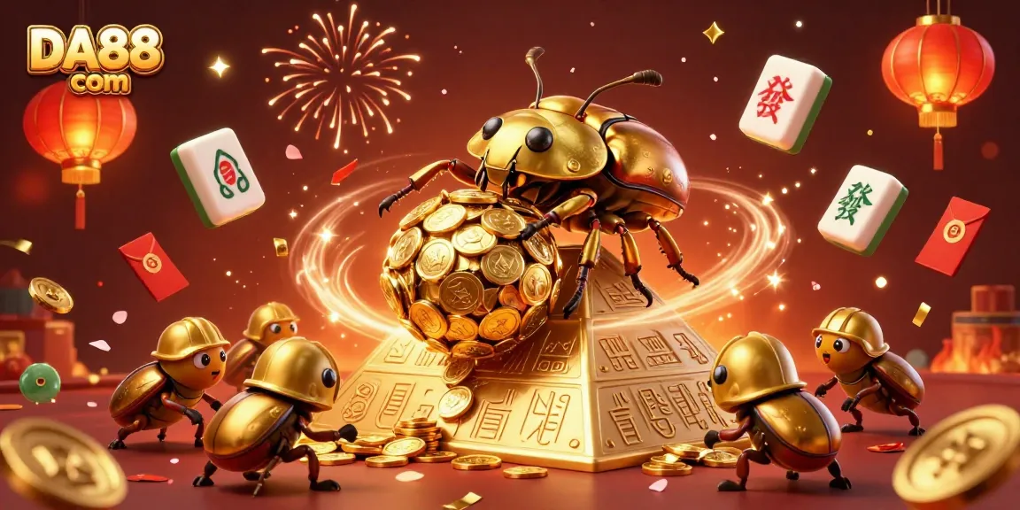 Experience the excitement of gambling at DA88 com with vibrant 3D illustration depicting a golden beetle scene.