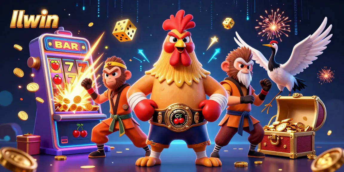 Experience thrilling moments with llwin as a fierce rooster and martial artists unite in a vibrant casino scene.