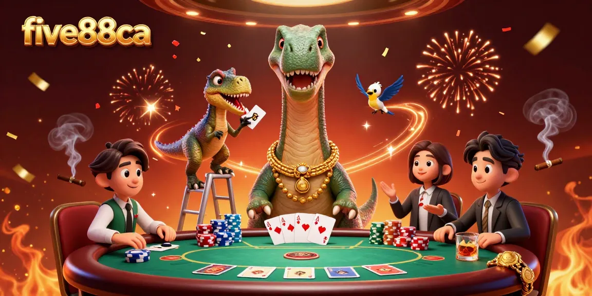 Join the fun at five88ca, where a brontosaurus oversees a bustling poker scene filled with vibrant casino elements!