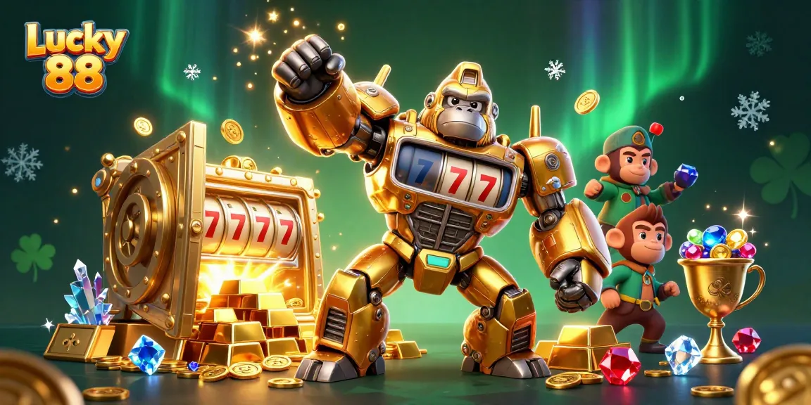 Engage with Lucky 88's thrilling slots as a golden gorilla mech powers up with coins and treasures.
