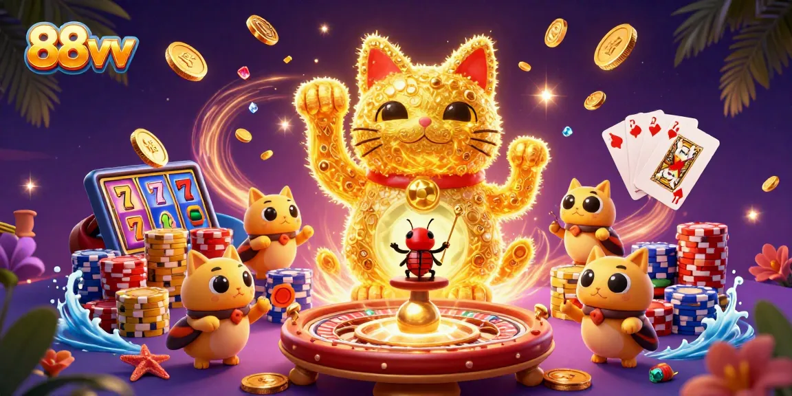 Experience the excitement of 88vv with a dynamic illustration of a lucky cat surrounded by casino symbols.