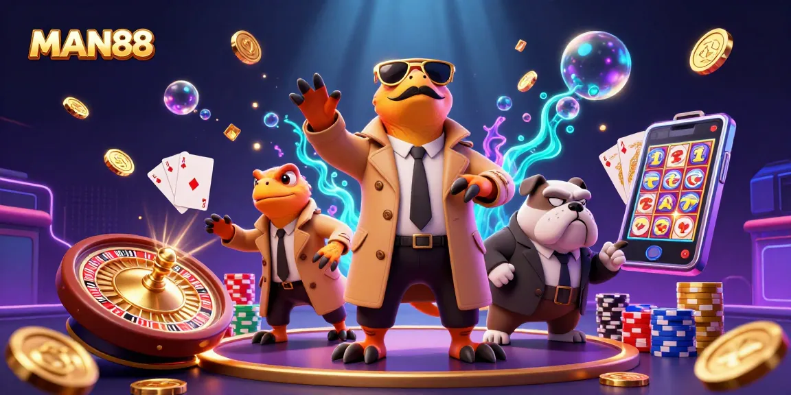 MAN88 captivates players in a cartoon casino scene featuring animated raptors and dynamic gambling elements.
