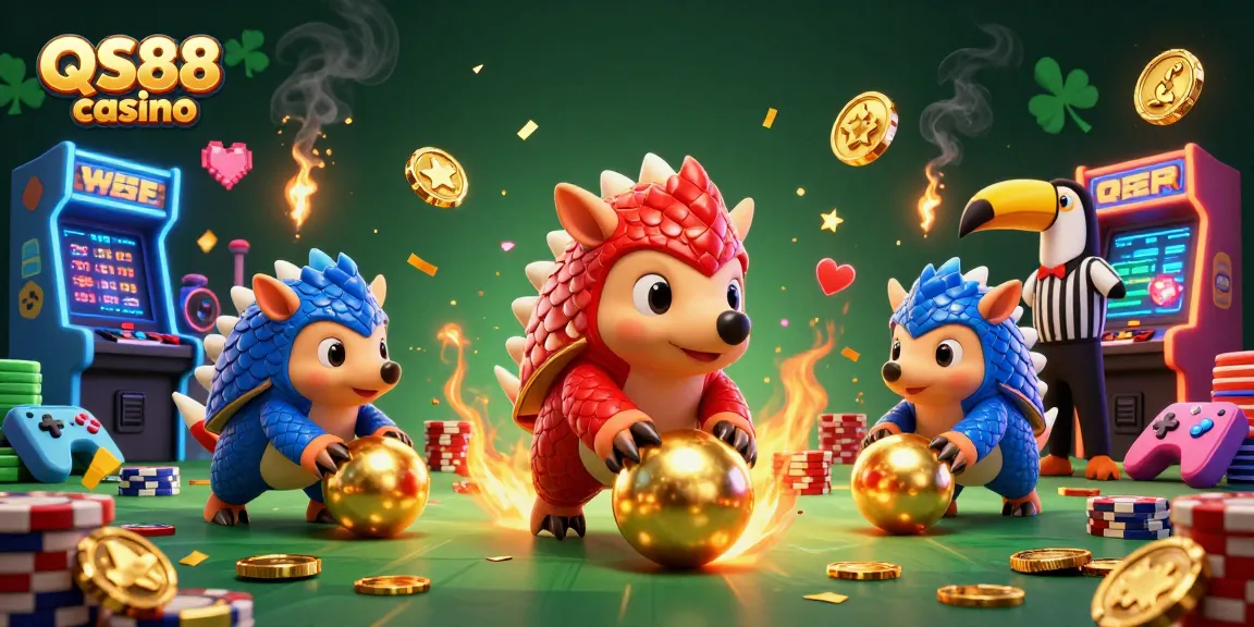 Engage with the QS88 casino experience as pangolins roll into golden spheres amidst poker chips and dynamic game elements.