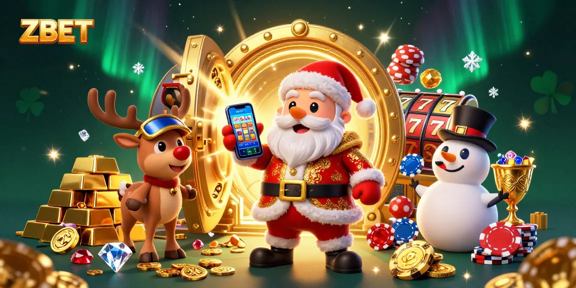ZBET players enjoy thrilling slots action with festive 3D characters in a vibrant casino scene.