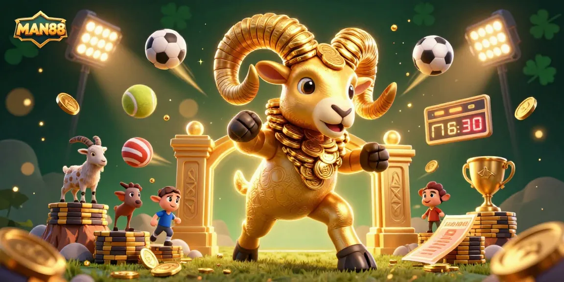 Engage with MAN88's exciting betting scene, featuring a golden ram charging through dynamic sports elements.