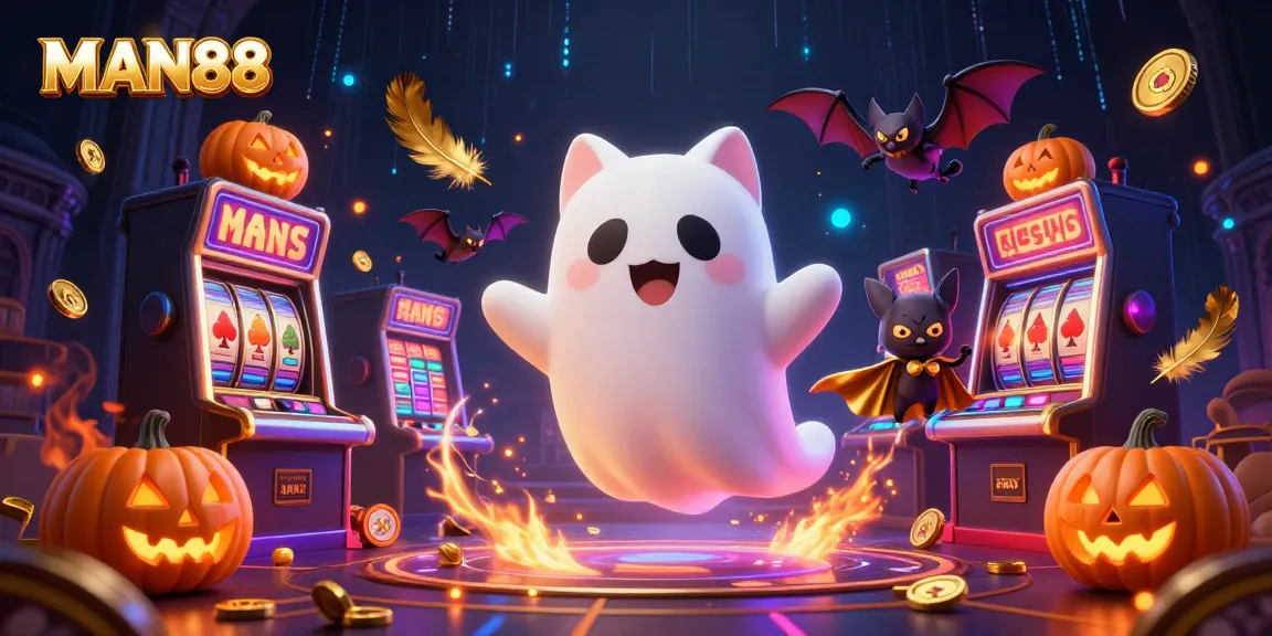 Engage with MAN88 at a haunted casino featuring a friendly ghost cat and glowing jack-o-lanterns.
