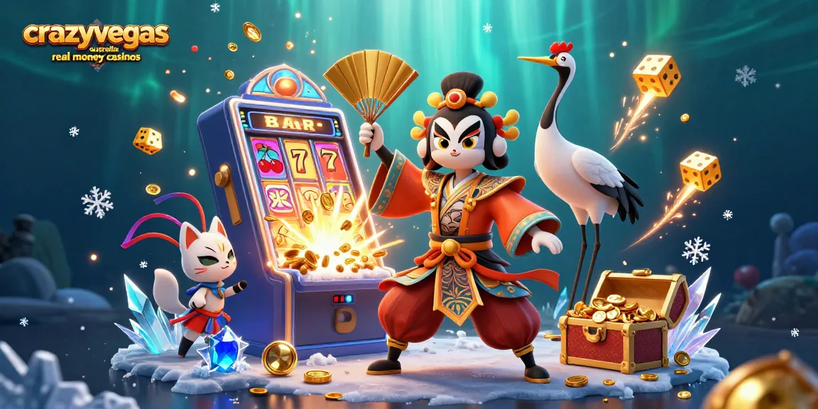 Experience excitement with crazyvegas australia real money casinos as golden dice and slot machine jackpots fly around.