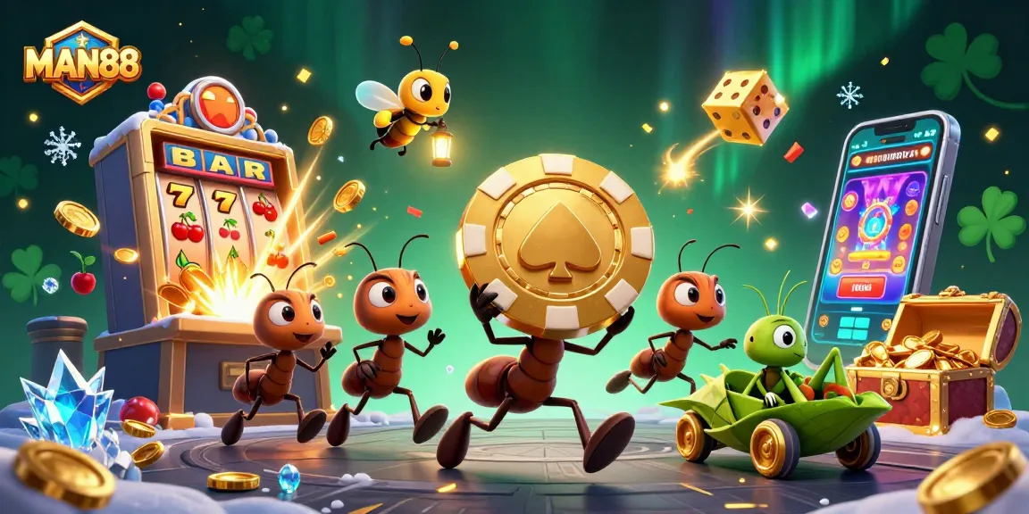 Experience high-stakes fun with MAN88 as ants take the jackpot in a 3D casino heist scene.
