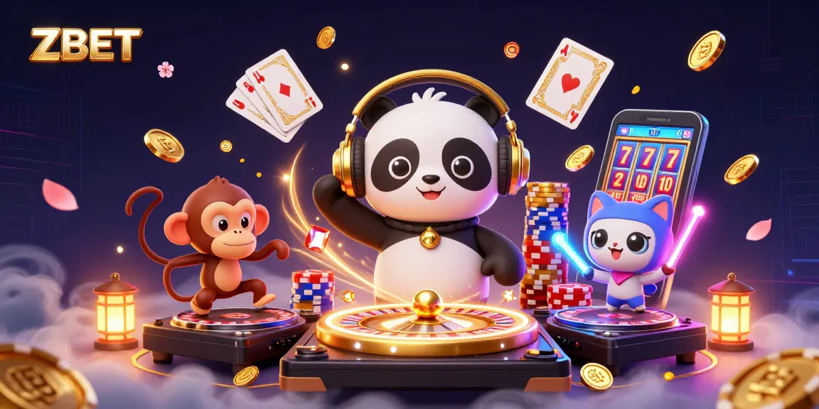 ZBET casino fun with DJ panda spinning and breakdancing monkey amidst sparkling gems and coins.