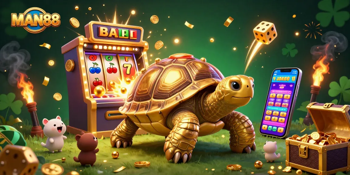 Engage with the vibrant world of MAN88, featuring exciting gaming elements and a golden tortoise pinball.