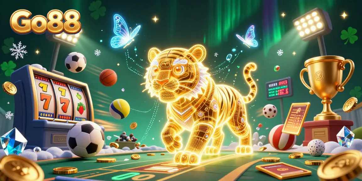 Experience fun at Go88 with a neon-wireframe tiger in a vivid casino landscape surrounded by dynamic game elements.