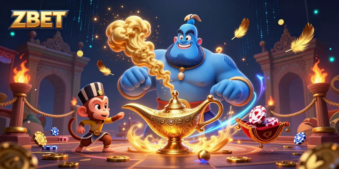 ZBET casino offers thrilling gaming adventures with a vibrant genie and monkey on a magic carpet.