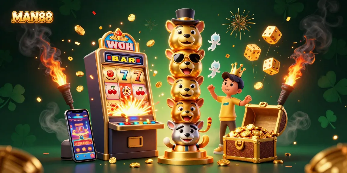 Spinning reels and golden totems representing the thrilling MAN88 casino experience filled with vibrant action.