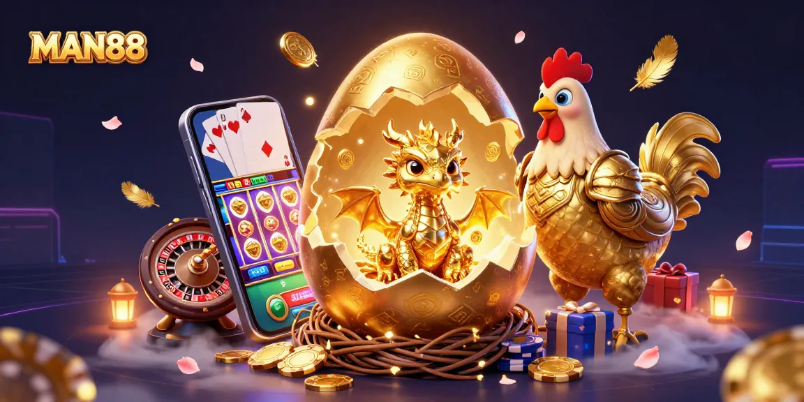 Experience thrilling games at MAN88 with a stunning golden dragon and vibrant casino elements.