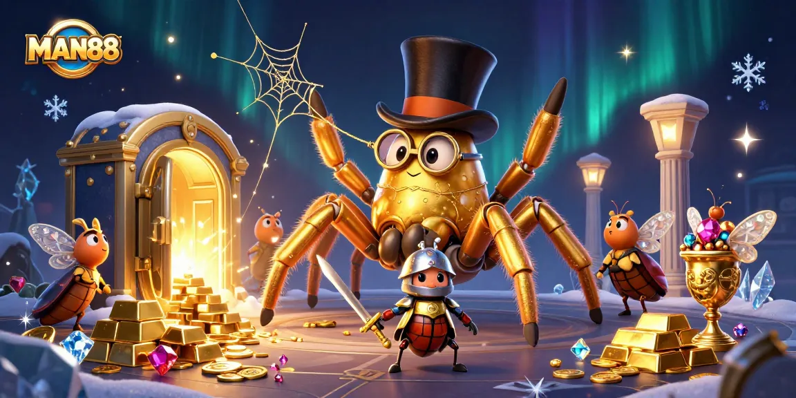 Engage with MAN88: A golden tarantula weaves fortune amidst casino treasures.